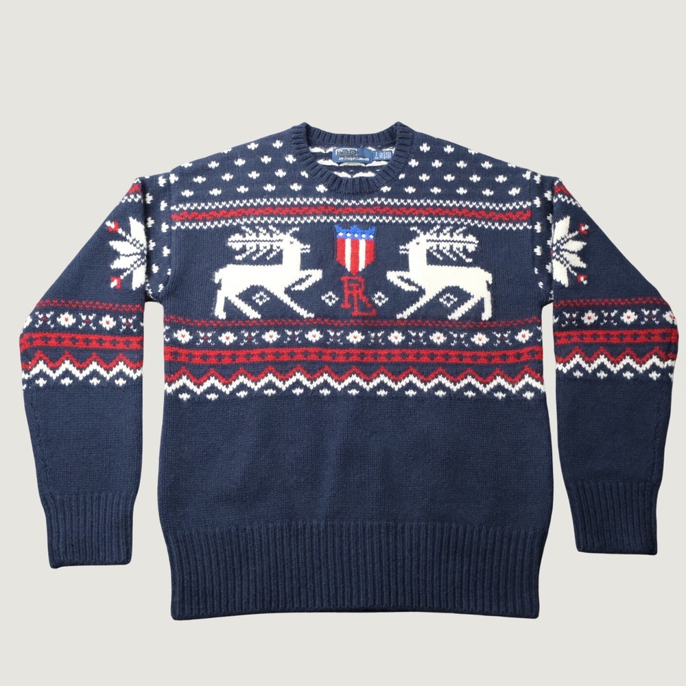 Polo Ralph Lauren Reindeer-Patterned Wool Sweater S Navy Blue Holiday Crew Neck